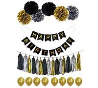 Trimming Shop Bannière « Happy Birthday » noire et dorée - Kit Anniversaire, Déco Anniversaire, Pompons en papier pour décoration de fête d'anniversaire, cérémonies, cadeaux de fête d'enfants