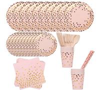 Trimming Shop Lot de 80 Fournitures de Fête Rose et Or à Pois Dorés - Assiettes, Tasses, Pailles, Serviettes, Fourchettes, Cuillères pour Anniversaire, Mariage