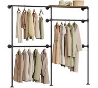 Tringle à vêtements murale industrielle - WOLTU - 2 barres métalliques - 5 étagères en bois d’ingénierie
