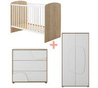 Trio Lit 60x120 cm et Commode 3 tiroirs + Armoire 2 portes Châtaignier naturel Basile