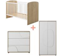 Trio Lit 70x140 cm et Commode 3 tiroirs + Armoire 2 portes Châtaignier naturel Basile