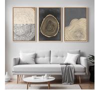 Triptyque Tableaux Abstraits Anneaux de Bois-Impression sur Toile Murale Moderne Beige et Noir 41x61 cm avec Cadre Flottant