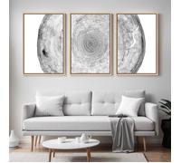 Triptyque Tableaux Cernes de Bois Noir et Blanc-Impression sur Toile Murale Scandinave avec Cadre Flottant