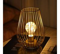 TRIROCKS Lampe de Table Métallique 21 cm Haut, Lanterne Sans Fil Alimentée par Batterie, Forme Cage avec Lumières LED Féériques pour Chevet, Patio, Jardin, Soirées, Intérieur/Extérieur (Doré)