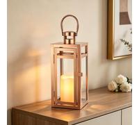 TRIROCKS Lanterne Décorative en Acier Inoxydable 30 cm Haut, Porte-Bougie Métallique avec Verre Clair, Parfait pour Décor Maison, Salon, Soirées, Tablette, Intérieur/Extérieur (Or Rose)