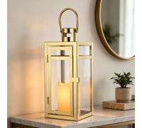 TRIROCKS Lanterne Décorative en Acier Inoxydable 30 cm Haut, Porte-Bougie Métallique avec Verre Clair, Parfait pour Décor Maison, Salon, Soirées, Tablette, Intérieur/Extérieur (Or)