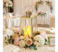 TRIROCKS Lanterne Décorative en Acier Inoxydable 30 cm Haut, Porte-Bougie Métallique avec Verre Trempé, Parfait pour Décor Maison, Salon, Soirées, Tablette, Intérieur/Extérieur (Or)