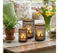 TRIROCKS Lanterne pour bougie avec arbre de vie, 13 cm, 16 cm et 19 cm, en métal bronze gravé, décorations pour salon, table, fêtes, patio, entrée, intérieur et extérieur (3 pièces)