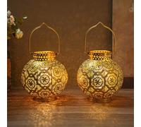 TRIROCKS Lot de 2 lampes de table en métal de style marocain - 18 cm de hauteur - Lanternes sans fil - Lanternes sans fil avec ampoule LED - Parfaites pour la maison, le salon, les fêtes, les tables à