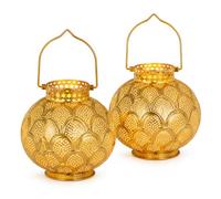TRIROCKS Lot de 2 lampes de table marocaines à piles, lanternes sans fil en métal doré de 28 cm avec ampoule LED incluse, à suspendre ou décoration de table pour salon, fête de mariage