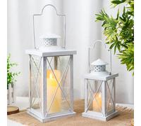 TRIROCKS Lot de 2 lanternes à bougie décoratives vintage en métal avec verre trempé pour intérieur et extérieur, décoration d'intérieur, fêtes, jardin, mariage (blanc avec brosse argentée)