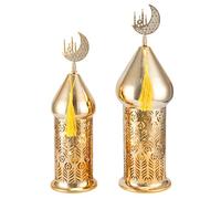 TRIROCKS Lot de 2 lanternes de Ramadan - 29 cm et 36 cm - Bougeoirs électriques dorés avec minuterie - Lanternes décoratives vintage en métal pour intérieur/extérieur - Cadeau idéal pour l'Aïd Mubarak
