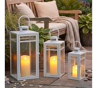 TRIROCKS Set de 3 Lanternes Décoratives Métalliques, Grande Porte-Bougie Suspendue Extérieure 48/38/30 cm avec Verre Trempé pour Décor Maison, Soirées, Jardin (Blanc Mat)