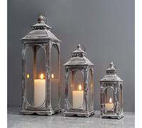 TRIROCKS Set de 3 Lanternes Vintage pour Bougies 26/35/50 cm Haut, Porte-Bougie Métalliques Décoratifs avec Verre Trempé pour Maison, Salon, Jardin (Gris Ciment)