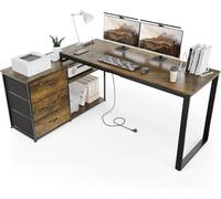 TRIUMPHKEY Bureau d'angle L 140x105cm, 3 Tiroirs & Prises USB, Marron | Réversible, 3 Tiroirs + Étagère Ouverte, 2 Ports USB & 3 Prises Intégrées, Idéal Télétravail & Études, Design Épuré