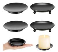 TRKETK 4 Pièces Bougeoir Noir Rond, Coupelle Bougie Decoration Porte Bougie Pilier en Métal Plat en Métal Rétro Porte-Assiettes en Fer Noir pour Noël, Fête à La Maison, Décoration de Mariage