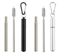 TRLREQ Lot de 2 pailles télescopiques en acier inoxydable 18/10, longueur réglable jusqu'à 23 cm, paille à emporter avec boîtier en métal et porte-clés