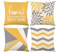Trlyane Lot de 4 Housses de Coussin en Lin 45x45cm, Style Moderne Jaune et Gris Home Sweet Home, Décoration Salon Canapé, Fermeture Éclair Cachée, Housses de Coussin Décoratives pour Maison