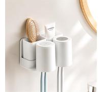 Trlyane Porte Brosse à Dents Mural avec 2 Gobelets et 2 Compartiments | Support Brosse à Dents Électrique et Manuelle, Rangement Mural Adhésif pour Dentifrice, Peignes et Cosmétiques