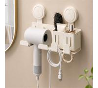 Trlyane Support Sèche-Cheveux Mural à Double Ventouse, Beige | Porte Sèche-Cheveux sans Perçage avec 2 Compartiments et Crochets pour Câbles, Brosse, Peigne et Accessoires