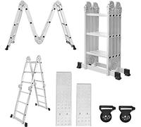 TRMLBE Échelle multi-usages aluminium 340cm, 6 en 1 échelle multifonctions, échelle pliante avec 2 roulettes et plate-forme, 4 x 3 argent-échelle pliante multi-usages jusqu'à 150KG