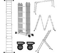 TRMLBE Échelle multi-usages aluminium 550cm, 6 en 1 échelle multifonctions, échelle pliante avec 2 roulettes et plate-forme, 4 x 5 argent-échelle pliante multi-usages jusqu'à 150KG