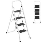 TRMLBE Escabeau 4 marches pliable Marchepied Petite échelle avec large marchepied et main courante, Blanc Escabeau pliant Métal Escabeau de ménage, charge maximale 270KG