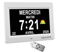 TROCOTN Horloge numérique Grand écran avec Calendrier pour Seniors, icônes Soleil et Lune, Heure d'été Automatique, Mode Nuit avec Gradation, Affichage Multicolore, Facile à Lire (7 Pouces, Blanc, 1)