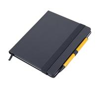 Troika Bloc-notes noir format A5 avec stylo à bille jaune, fermeture élastique, grille à points, passant pour stylo, marque-page, certifié FSC, papier, bords colorés, cuir synthétique