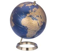 TROIKA Globe terrestre mat 23,5 degrés bleu foncé et surfaces de terre dorées Ø 25 mm véritable relief cartographie pied en métal chromé aspect brossé, fond en feutre doux