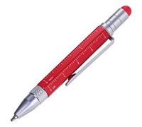 TROIKA Stylo à bille multitâche (petit), règle centimètre/pouces, tournevis à tête plate/cruciforme, stylet (rouge), mine noire, avec 2 recharges en aluminium/laiton/acier, rouge mat