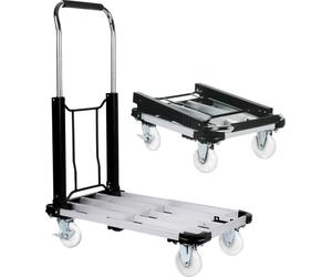Trolley plat en aluminium pour le transport de charges, 4 roues y compris 2 roues pivotantes avec freins, pliable, surface de chargement extensible (env. 42 - 64 cm), poignée extensible, (H) env. 71 -