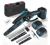 Tronçonneuse à batterie 8+6 pouces avec système de lubrification de la chaîne 2x batterie 21V 2000mAh moteur sans balais, mini scie de jardin électrique, tronçonneuse à une main, scie à branches