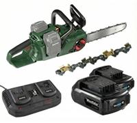 Tronçonneuse à batterie GMAK 36/40 barre 40 cm, 1300 W, chaîne titanee 57 maillons, 2 batteries 18V 2,0 Ah, lotur double rapide