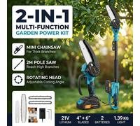 Tronçonneuse sans fil 2-en-1 et élagueuse télescopique 21V, perche 2m, lames 4"+6", 2 batteries