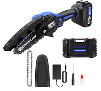 Tronçonneuse sans fil de 15,2 cm - Mini tronçonneuse sans fil avec chaîne et sac - Scie électrique portable pour la coupe des arbres, la coupe des branches et le jardinage avec 2 piles - Bleu