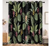 Tropical Jungle Rideaux Occultant 117L X 138H cm Lot de 2 Rideau Occultant Thermiques Imprimé Botanique Monstera Feuilles de Palmier Fleurs, Rideau Oeillets Opaque Draperie pour Salon et Chambre, Noir