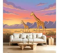 Tropical Papier Peint Panoramique 3D 400L x 280H cm, Cartoon Animal de la Prairie Girafe Papier Peint Intissé Haute Qualité - Fresque Murale Photo Moderne pour Salon Chambre d'enfant Fond TV