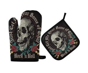 TropicalLife OOWOW Ensemble gant et manique Rock In Roll Tête de Mort Rose Doublure Coton Résistant à la Chaleur pour Cuisine Cuisson Griller Noël
