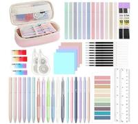 Trousse de bureau comprenant un étui, 12 stylos à bille, 12 marqueurs pastel et 6 recharges