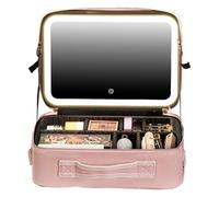 Trousse de maquillage avec miroir LED, organiseur de cosmétiques portable de grande capacité pour femme, étui de voyage à main en cuir synthétique, contrôle de la lumière à écran tactile, chargement