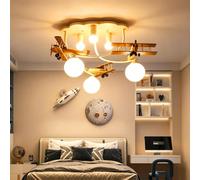 Trutipon Plafonnier Décoratif Enfant En Bois Massif Forme Avion Avec 3 Ornements D’avions Luminaire LED Moderne À Spectre Complet Douille E27 Pour Salon Chambre De Garçon Et Salle De Jeux