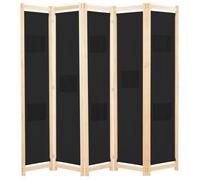 Truvito Paravent, Cloison de Séparation pliable 200x170 cm, 5 Panneaux, Bois massif & Tissu,Décoration Meuble Intérieur,Noir