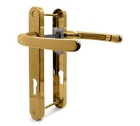 TSS Paire de poignées de porte en UPVC en laiton poli, ressort, 92 mm PZ (centres), levier à levier, vis à vis 203 mm, plaque arrière 232 mm x 32 mm - Poignée de porte de rechange en PVC