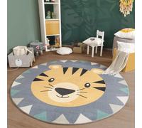 TT Home Tapis De Jeu Chambre Enfant Garcon Fille Lavable Motif Lion Motif Animal, Couleur:Gris Noir Marron, Dimension:160 cm Rond
