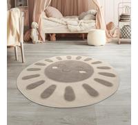 TT Home Tapis De Jeu Chambre Enfant Garcon Fille Soleil Soft 3D Modern Peluche, Couleur:Beige Foncé Crème, Dimension:120 cm Rond