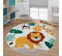 TT Home Tapis De Jeu Chambre Enfant Garcon Fille Voitures Motif Animal Antidérapant, Couleur:Vert Beige Bleu, Dimension:160 cm Rond