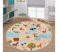 TT Home Tapis De Jeu Chambre Enfant Garcon Fille Voitures Motif Animal Antidérapant, Couleur:Vert Jaune Crème, Dimension:200 cm Rond