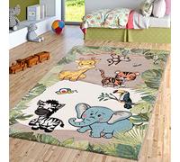 TT Home Tapis pour Enfant Chambre d'enfant Jungle Animaux Girafe Lion Singe Zèbre Beige Crème, Dimension:140x200 cm