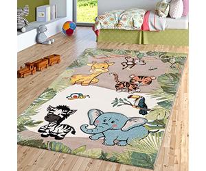 TT Home Tapis pour Enfant Chambre d'enfant Jungle Animaux Girafe Lion Singe Zèbre Beige Crème, Dimension:140x200 cm